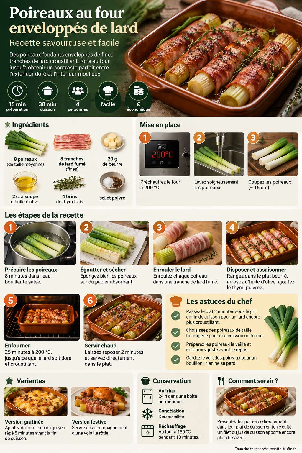 Fiche recette Poireaux au four envelopp&eacute;s de lard : recette savoureuse et facile